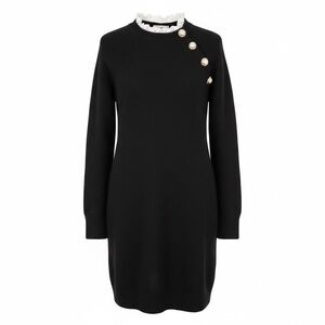 SHEIN Black Eyelash Knit Sweater Dress - Size Large - Gold Button & Lace Detail